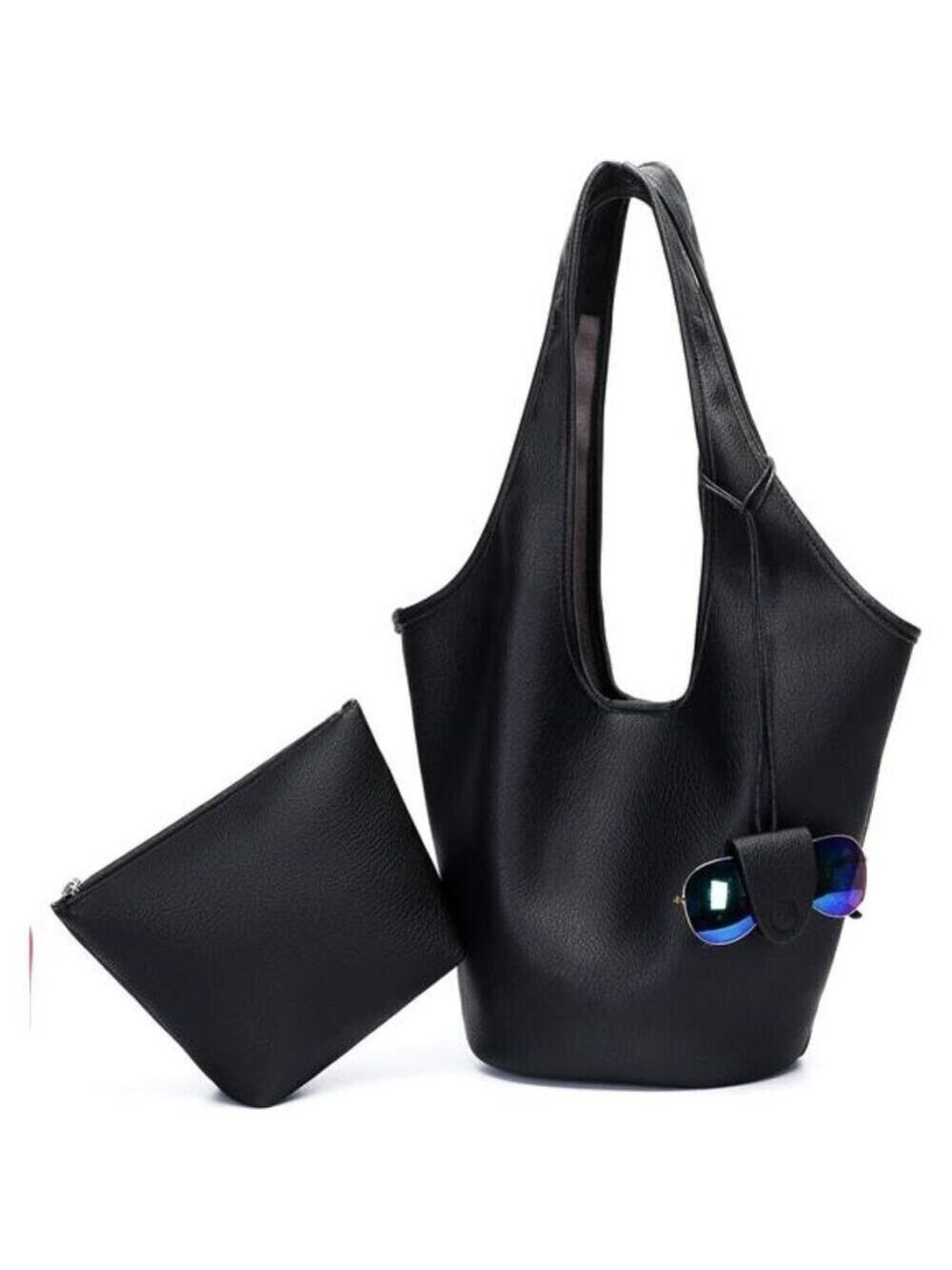 Women Slouchy Hobo Bag 2PCS Black Vegan Leather Large Capacity Shoulder Tote Bag